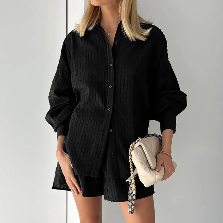 Women Jacquard Puff Sleeves Two Piece Sets for Summer Fashion Loose Shorts and Long Sleeved Shirt Outfits