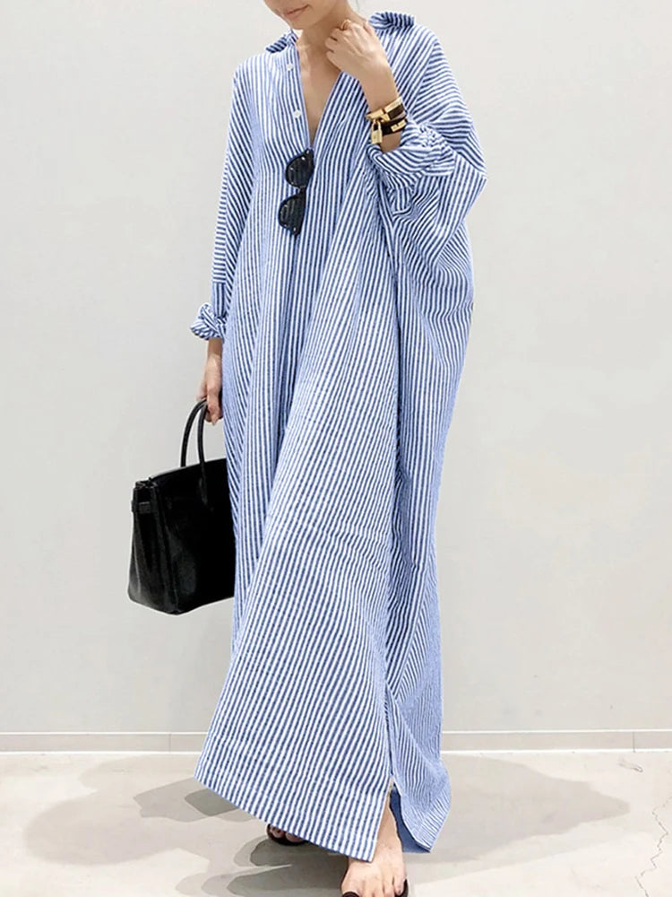 2025 Stripe Printed Beach Party Sundress Spring Fall Bohemian Women Long Sleeve Lapel Dress Fashion Casual Loose Vestidos