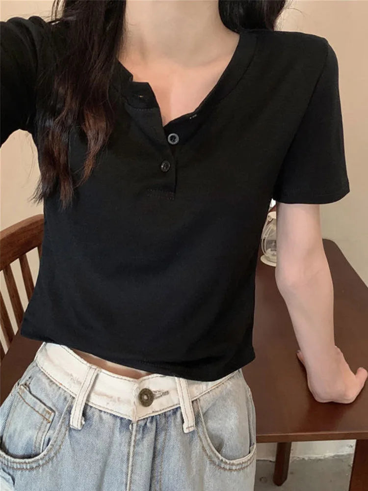 women t-shirt open button short Sleeve Crop Top Ladies Clothing 2024 Solid Basic T Shirt Casual Skinny White Slim Female Tops
