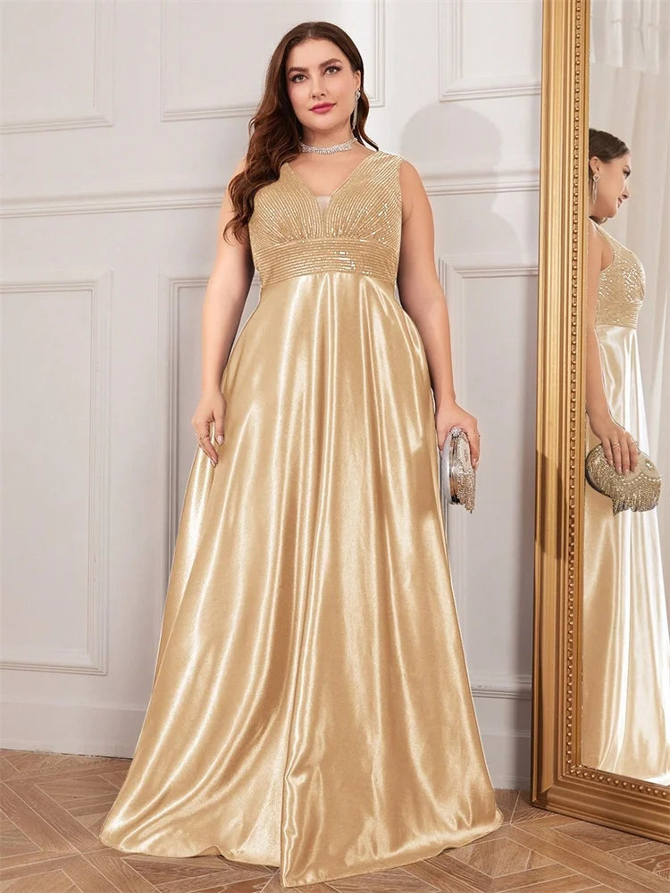 Plus Size Elegant Sequins Evening Dress For Women 2025 Deep V-neck Satin Prom Party Dress Floor Length Formal Bridesmaid Gowns