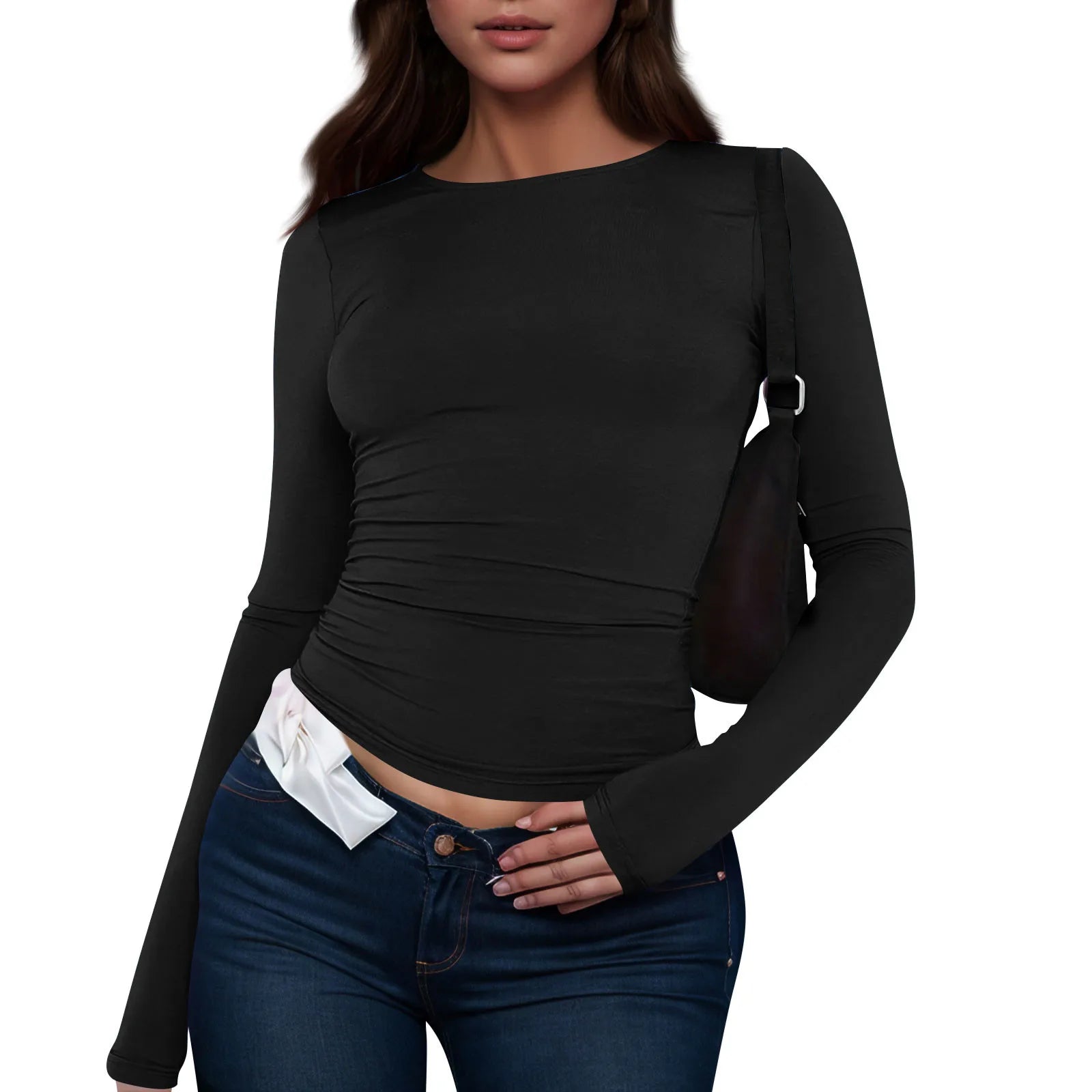 Cotton O Neck Long Sleeve Shirt Women Sexy Cropped Tops 2025 Autumn Black Casual Skinny Slim Basic Woman T Shirts White Clothing