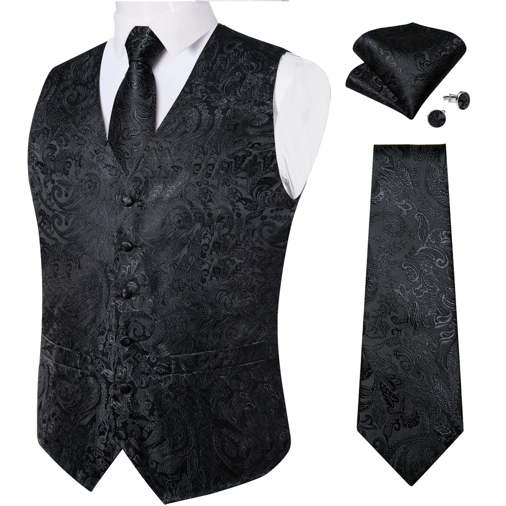 Fashion Light Blue Paisley Silk Vests for Men with Tie Handkerchief Cufflinks Business Wedding Party Waistcoat Tuxedo Vest
