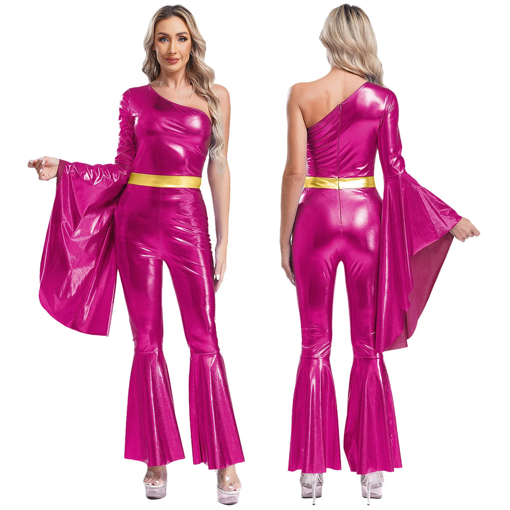 Womens 70S Disco Vintage Jumpsuit Metallic Shiny Flare Sleeve Bodysuit Hippie Bell Bottom Jazz Dance Carnival Rave Party Costume
