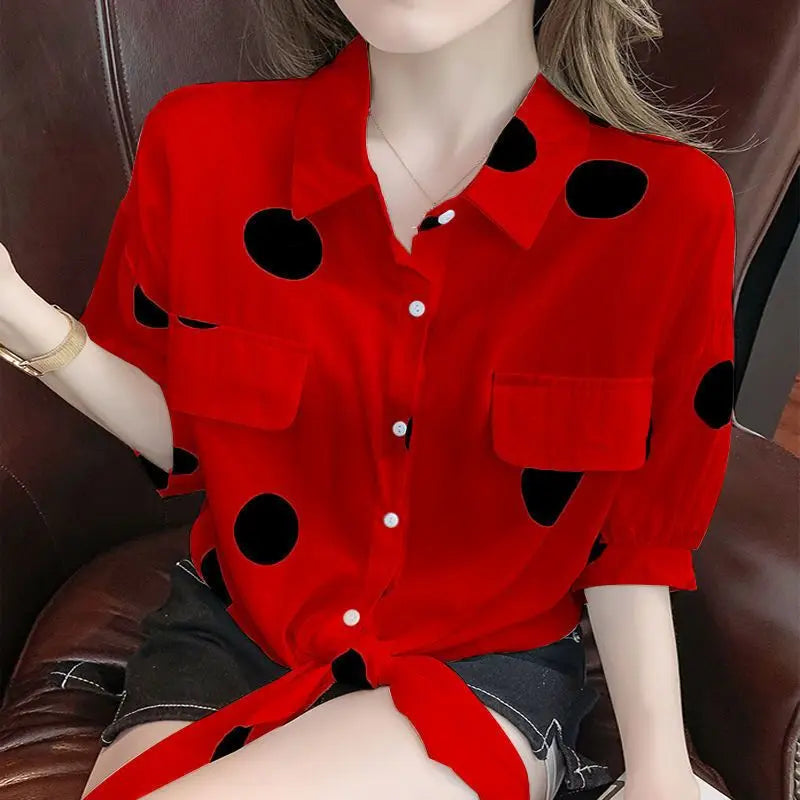 Fashion Lapel Loose Bandage Bow Polka Dot Shirt Women's Clothing 2025 Summer New Oversized Casual Tops Half Sleeve Korean Blouse
