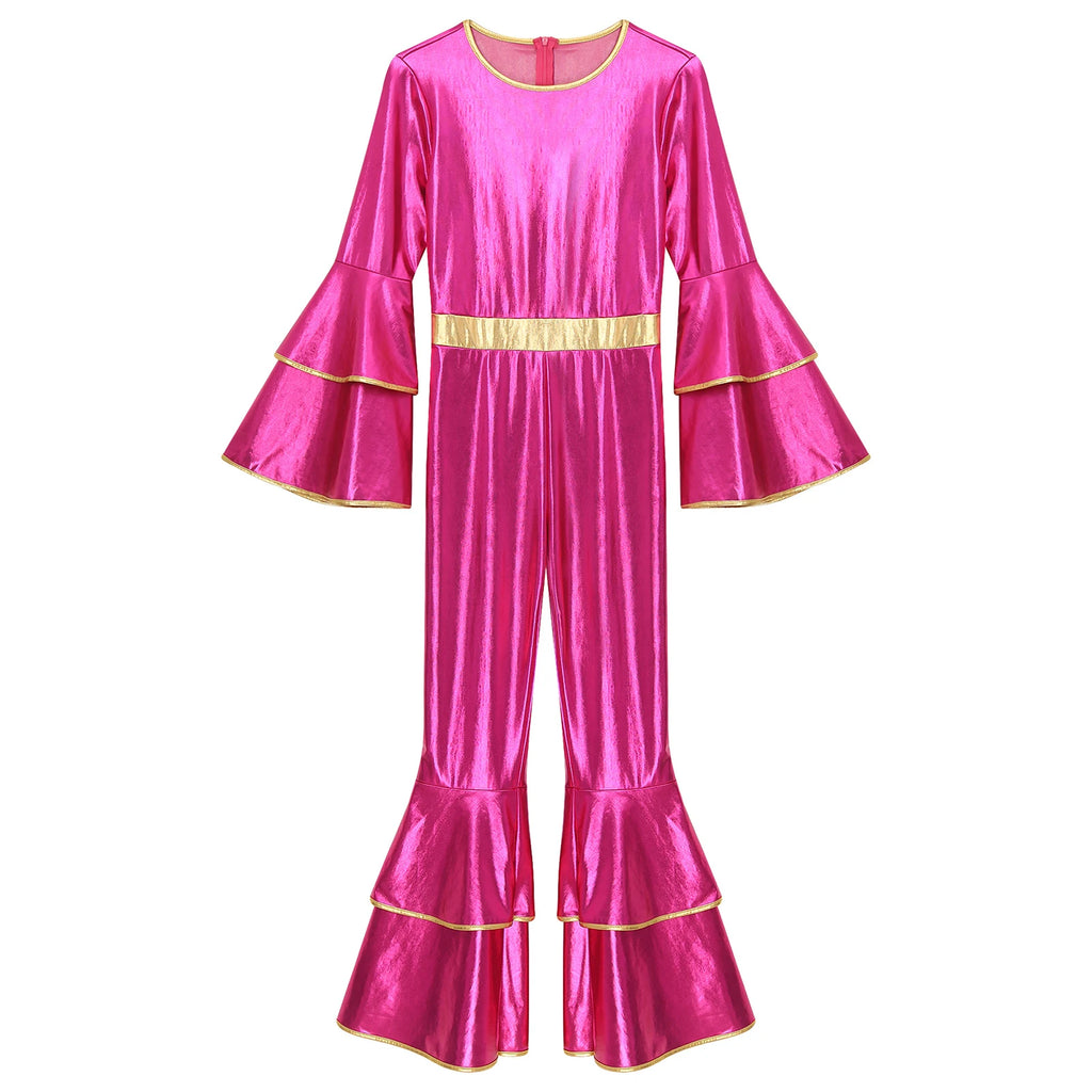 Womens 70S Disco Vintage Jumpsuit Metallic Shiny Flare Sleeve Bodysuit Hippie Bell Bottom Jazz Dance Carnival Rave Party Costume