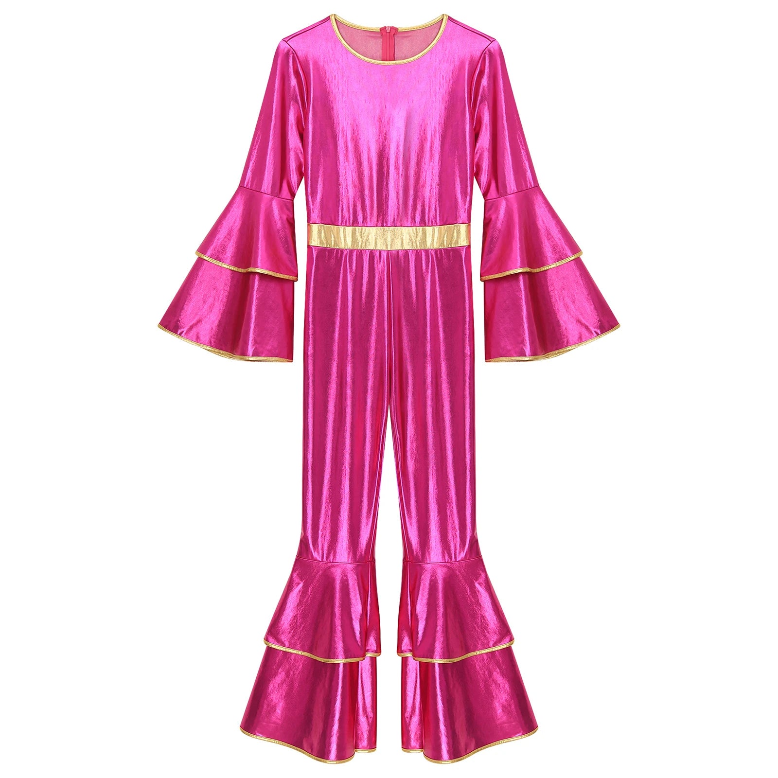 Womens 70S Disco Vintage Jumpsuit Metallic Shiny Flare Sleeve Bodysuit Hippie Bell Bottom Jazz Dance Carnival Rave Party Costume