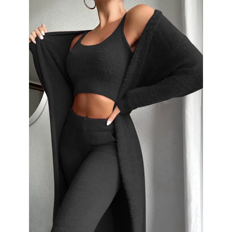 Autumn And Winter Knitted Plush Comfortable Women's Suit Sexy V-neck Short Crop Top Cardigan Sweater Trousers Three-piece Set