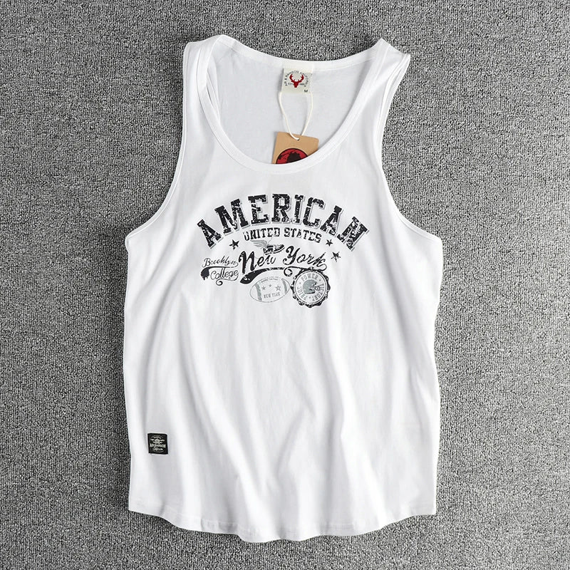 Retro trend letter pattern men's sweat vest all cotton wash fitness sports sleeveless vest T-shirt