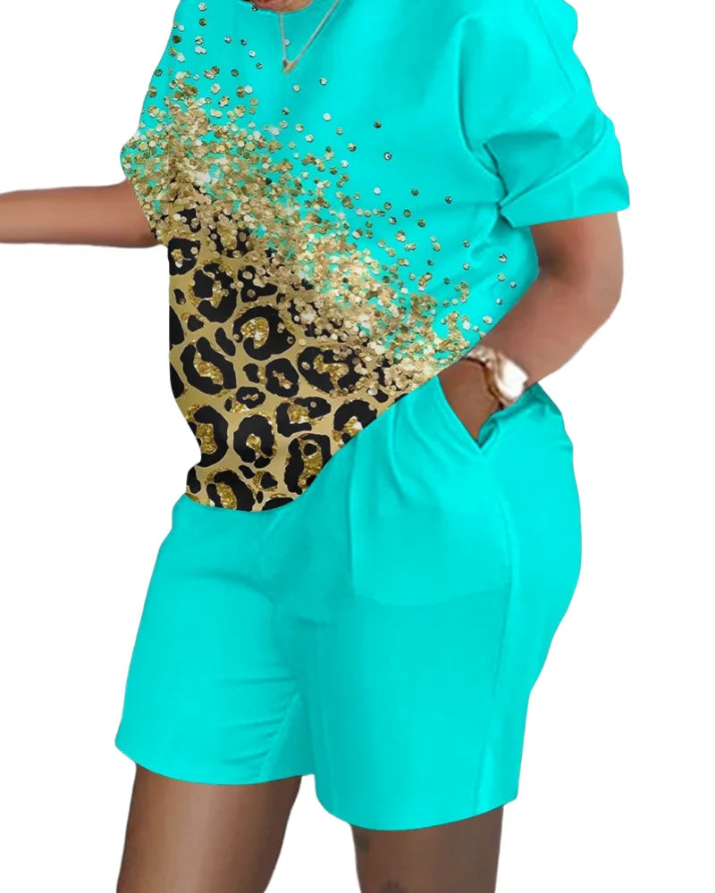 Women Casual Short Sleeve Outfit 2024 Summer Fashion Letter Printed O Neck Pocket Suit Female T Shirt Top Shorts Two Pieces Set