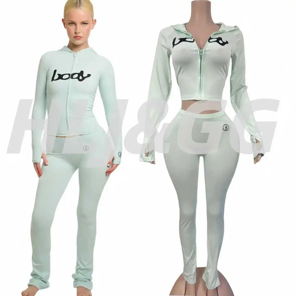 HLJ&GG Autumn New Letter Print Zipper Tracksuits Women Long Sleeve Slim Top And Skinny Pants Two Piece Sets Fashion 2pcs Outfits