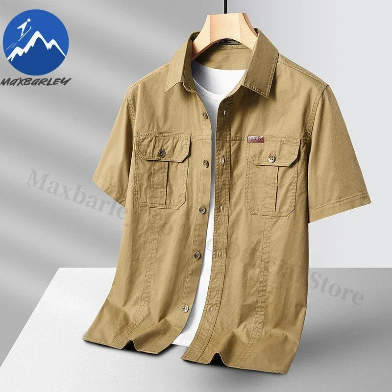 Summer Short Sleeve Shirt Men 100 Cotton Refreshing Breathable Sweat Absorbing Shirt Climbing Work Clothes Pocket Fishing Shirt