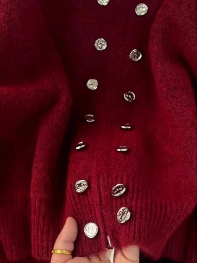 Luxury Fluffy Knitted Cardigan Sweater Design Double Breasted Sweater Coat Women Autumn High-end Lazy Zipper 2000s Y2k Knit Top