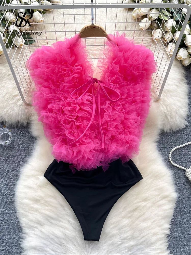 SINGREINY Sexy 3D Flowers Spliced Sheath Bodysuits Club Lace Up V Neck Playsuits Fashion Streetwear Backless Sensual Rompers