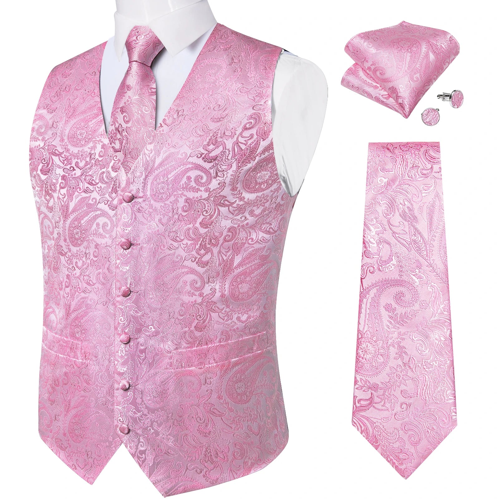 Fashion Light Blue Paisley Silk Vests for Men with Tie Handkerchief Cufflinks Business Wedding Party Waistcoat Tuxedo Vest