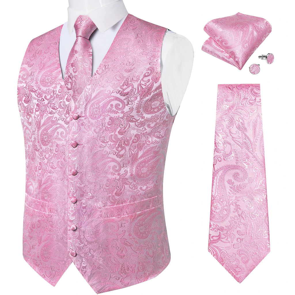 Fashion Light Blue Paisley Silk Vests for Men with Tie Handkerchief Cufflinks Business Wedding Party Waistcoat Tuxedo Vest