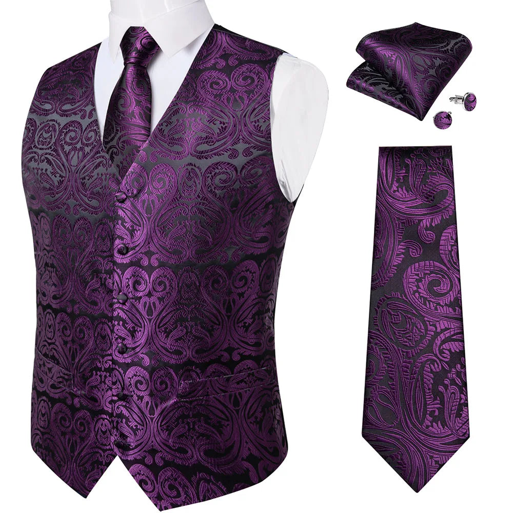 Fashion Light Blue Paisley Silk Vests for Men with Tie Handkerchief Cufflinks Business Wedding Party Waistcoat Tuxedo Vest