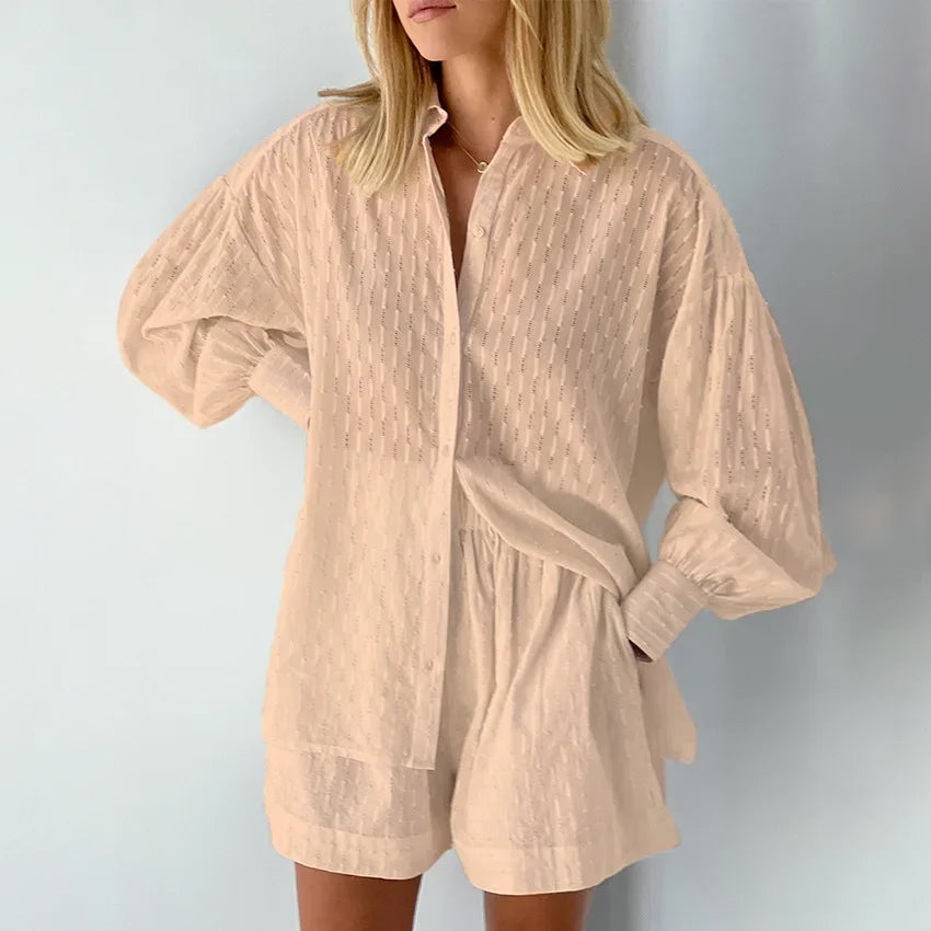 Women Jacquard Puff Sleeves Two Piece Sets for Summer Fashion Loose Shorts and Long Sleeved Shirt Outfits