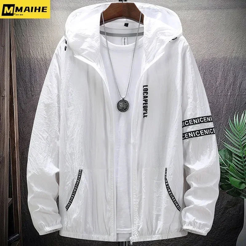 Summer Skin Coats Men SPF Ultra Light UV Sun Protection Big Size Hooded Windbreaker Jacket Men  Striped Casual Outwear 8XL 9XL