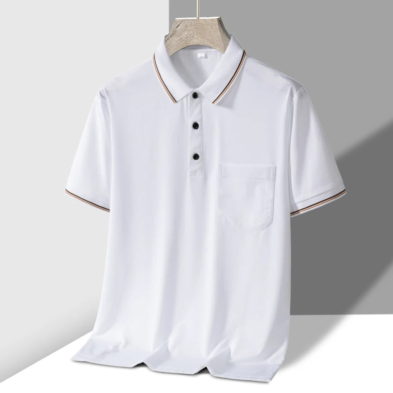 TFETTERS Polo Mens Tshirt for Dady Short Sleeve Turn Down Collar Business Anti-wrinkle Real Pocket Design Polo Shirt Man