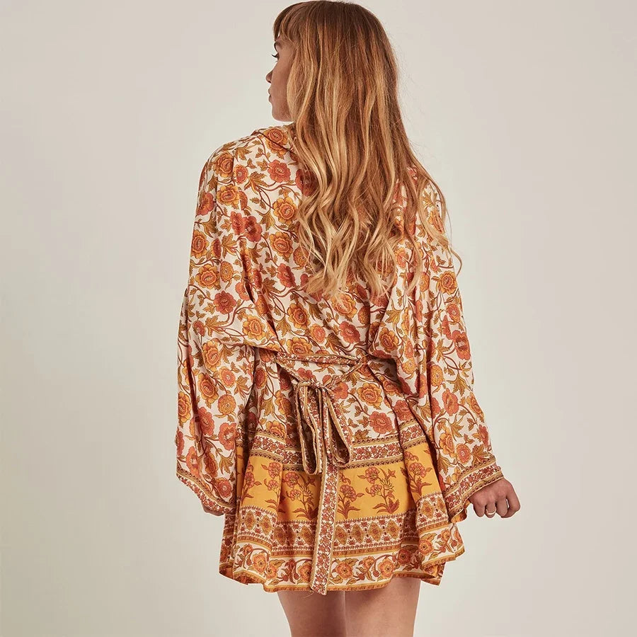 TEELYNN Women Cardigan Boho Blouse and Shirt Yellow Floral Print Kimono Sleeve