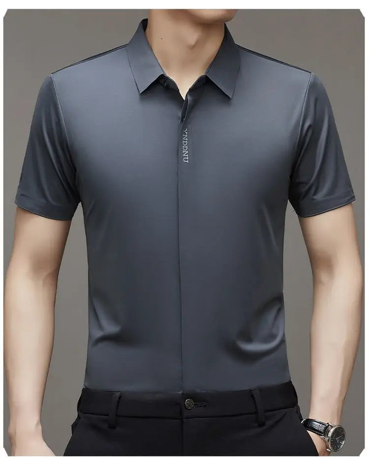 High end  Mulberry Silk Men Short Sleeve Business Shirt Wrinkle Resistant Button Invisible Top Elastic Luxurious Men Shirts