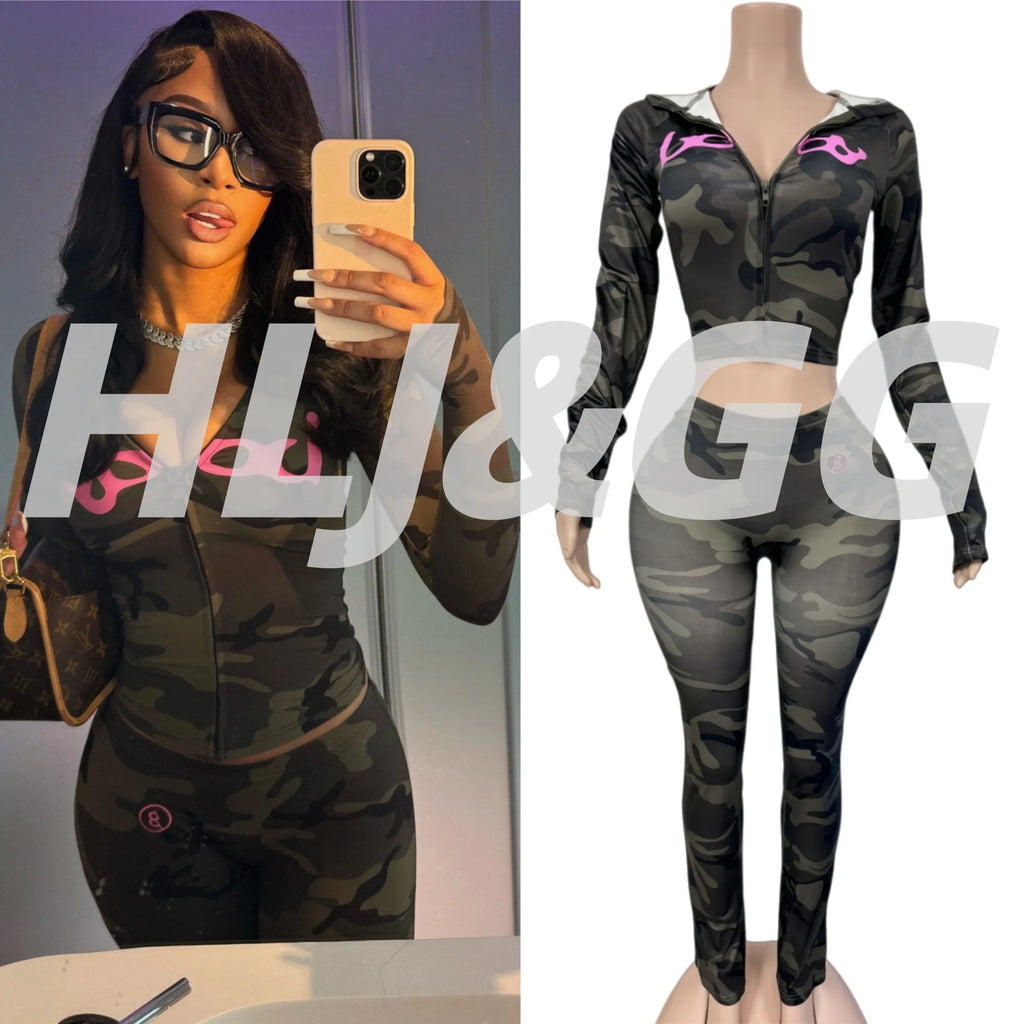 HLJ&GG Autumn New Letter Print Zipper Tracksuits Women Long Sleeve Slim Top And Skinny Pants Two Piece Sets Fashion 2pcs Outfits