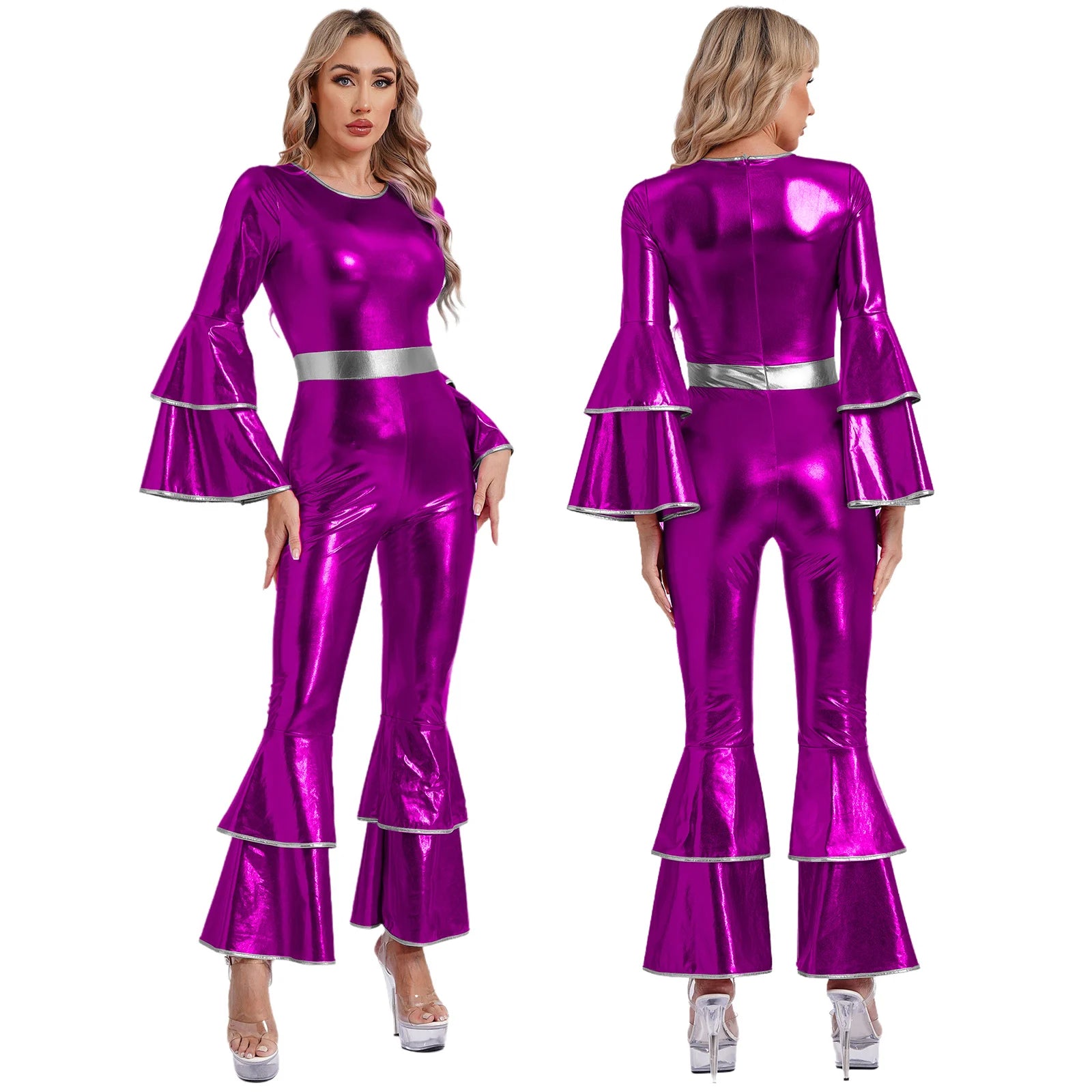 Womens 70S Disco Vintage Jumpsuit Metallic Shiny Flare Sleeve Bodysuit Hippie Bell Bottom Jazz Dance Carnival Rave Party Costume