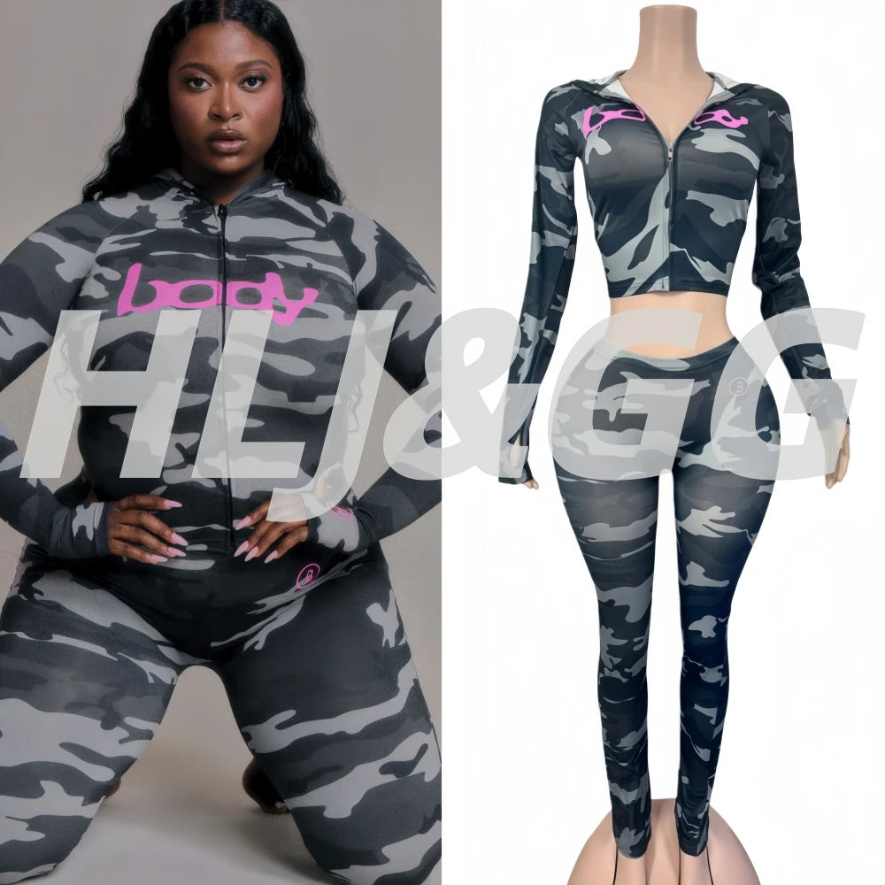HLJ&GG Autumn New Letter Print Zipper Tracksuits Women Long Sleeve Slim Top And Skinny Pants Two Piece Sets Fashion 2pcs Outfits