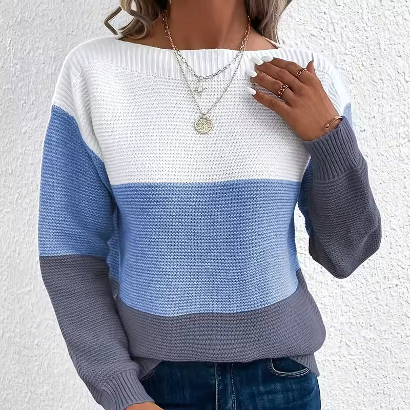 Women's Contrast Color Long Sleeve Round Neck Sweaters Female Stitching 2025 Fall Jumpers Lady Casual Warm Comfortable Pullover Women’s Contrast Color Long Sleeve Round Neck Sweater | Trendy Knitwear USA & Worldwide