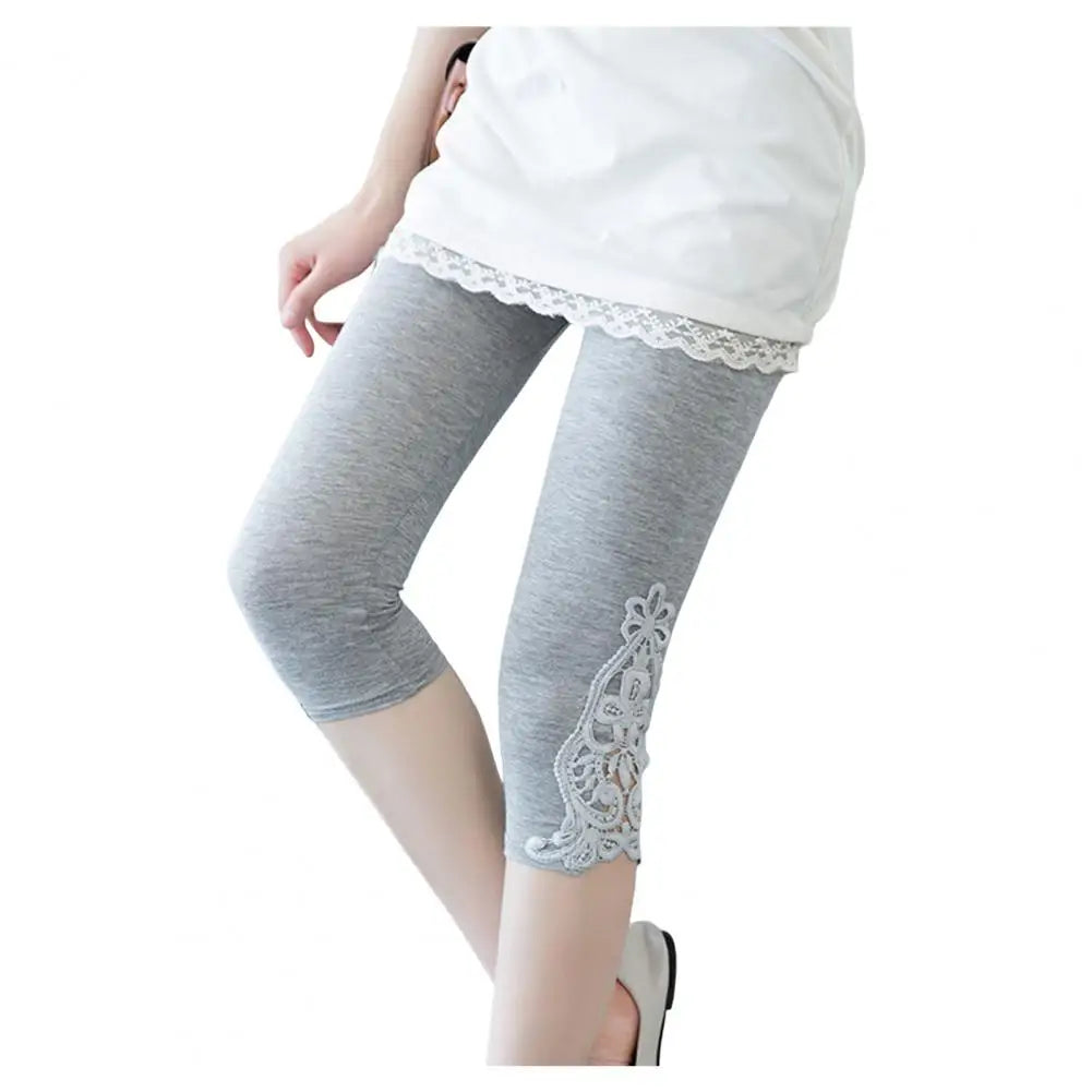 Cropped Leggings Women Elastic Waist Embroidery Lace Stitching Summer Stretchy Cropped Trousers Thin Tight-Fitting Pants 스키니