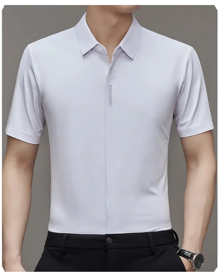 High end  Mulberry Silk Men Short Sleeve Business Shirt Wrinkle Resistant Button Invisible Top Elastic Luxurious Men Shirts