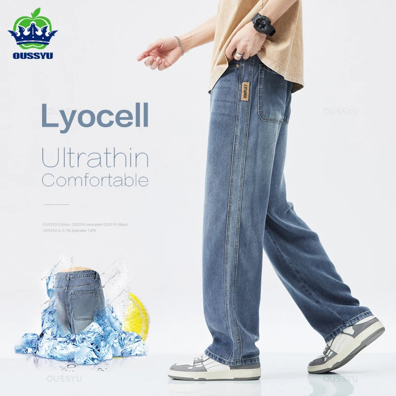 Spring Summer High Quality Soft Lyocell Fabric Jeans Men Thin Loose Wide Leg Pants Elastic Waist Casual Trousers Plus Size 28-40