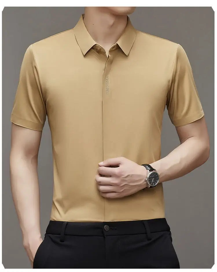 High end  Mulberry Silk Men Short Sleeve Business Shirt Wrinkle Resistant Button Invisible Top Elastic Luxurious Men Shirts