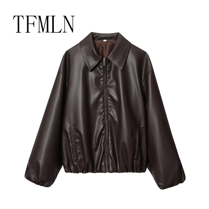 TFMLN Autumn New Style Imitation Women Leather Pilot Jacket Female New Arrival Casual Outerwear for Ladies Leather Coat