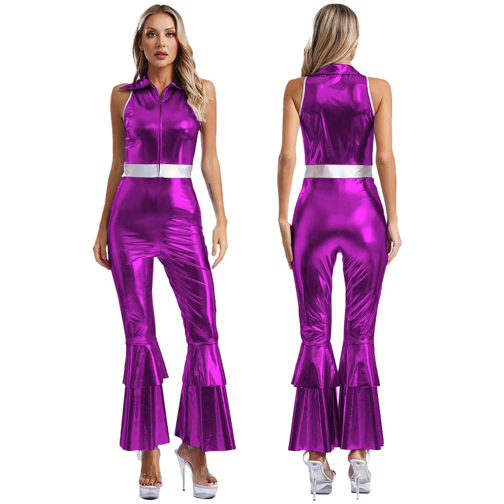 Womens 70S Disco Vintage Jumpsuit Metallic Shiny Flare Sleeve Bodysuit Hippie Bell Bottom Jazz Dance Carnival Rave Party Costume