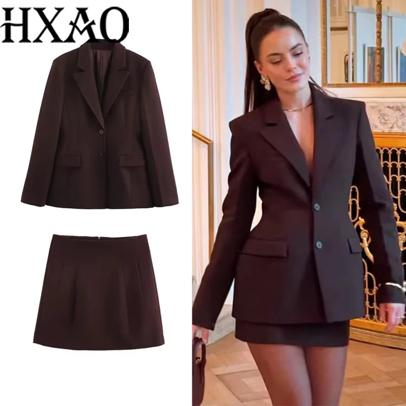 HXAO Elegant Skirts Set For Women's 2 Pieces Outfit 2025 Spring Long Blazer Coat Mid Waist Mini Skirts Fashion Office Skirts Set