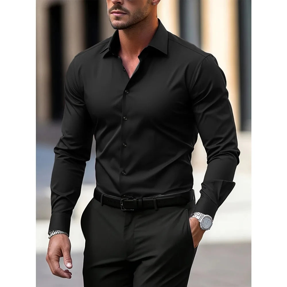 FGKKS Men Casual White Shirt Brand Fashion Solid Color Long Sleeve Elastic Fabric Male Business Dress Shirt