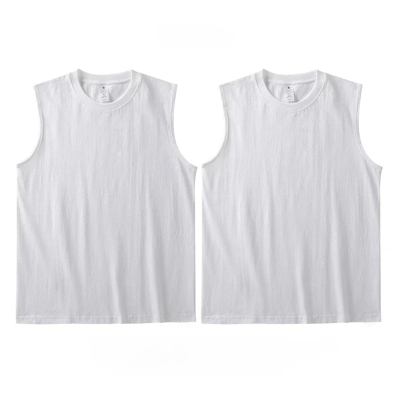 2pcs Solid Color Cotton Vest Men's White O-Neck Loose Sleeveless T-shirt Basic Models All-match Sports Running Tank Tops