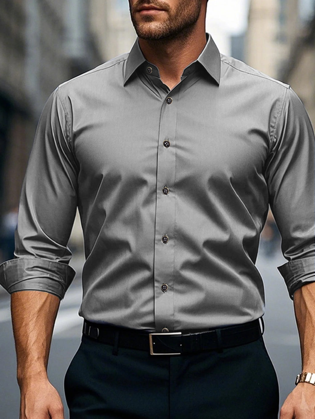 FGKKS Men Casual White Shirt Brand Fashion Solid Color Long Sleeve Elastic Fabric Male Business Dress Shirt