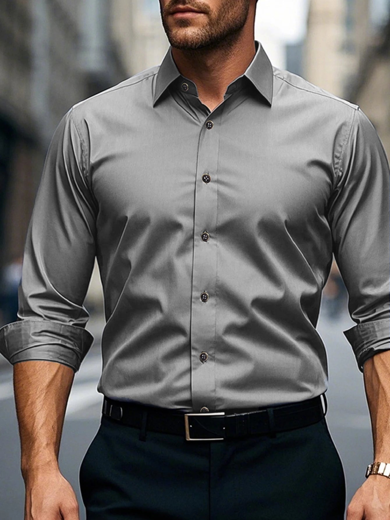 FGKKS Men Casual White Shirt Brand Fashion Solid Color Long Sleeve Elastic Fabric Male Business Dress Shirt
