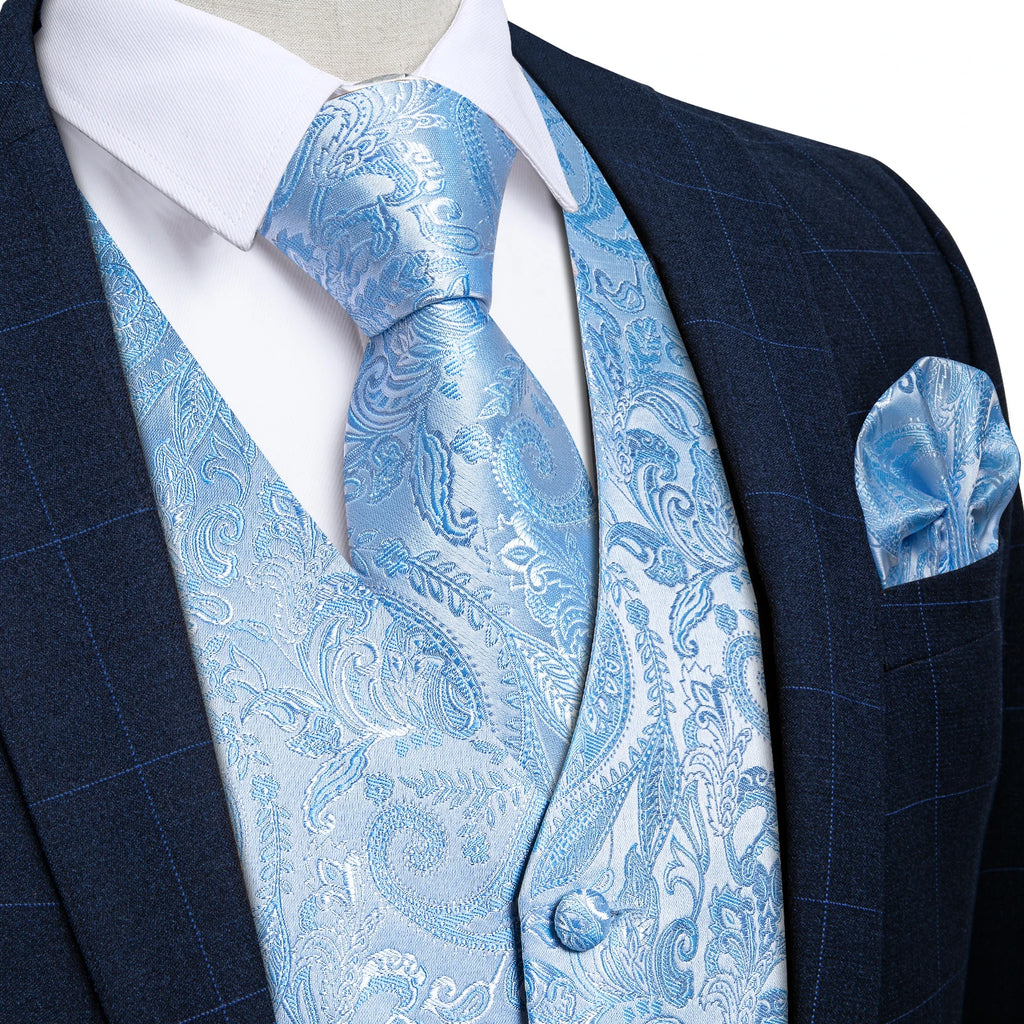 Fashion Light Blue Paisley Silk Vests for Men with Tie Handkerchief Cufflinks Business Wedding Party Waistcoat Tuxedo Vest