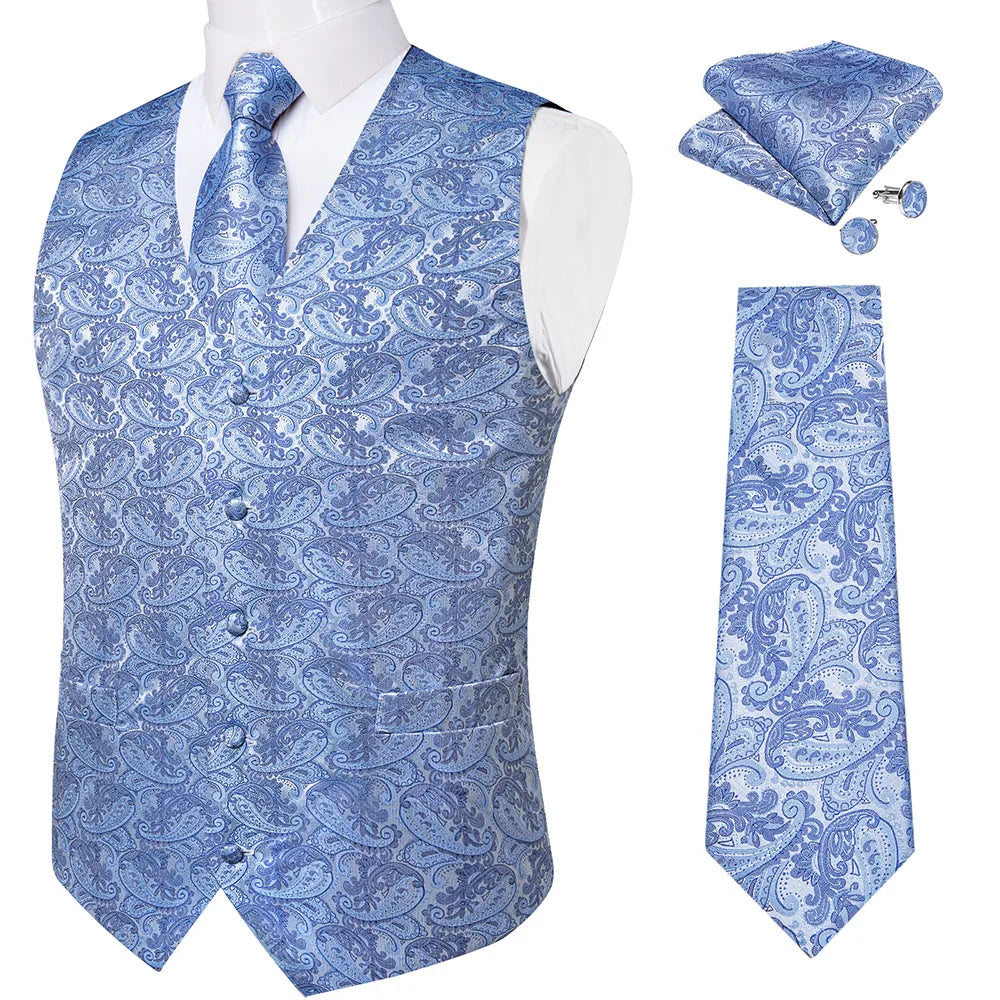 Fashion Light Blue Paisley Silk Vests for Men with Tie Handkerchief Cufflinks Business Wedding Party Waistcoat Tuxedo Vest