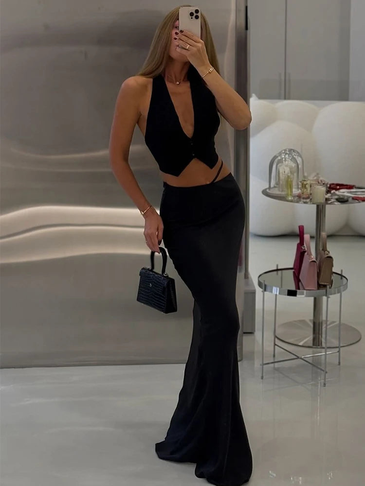 ByeMyLove 2 Pieces Sets Women Maxi Skirts Silk Crop Top With Long Skirts Sexy Elegant Evening Party Skirts Outfits Summer New