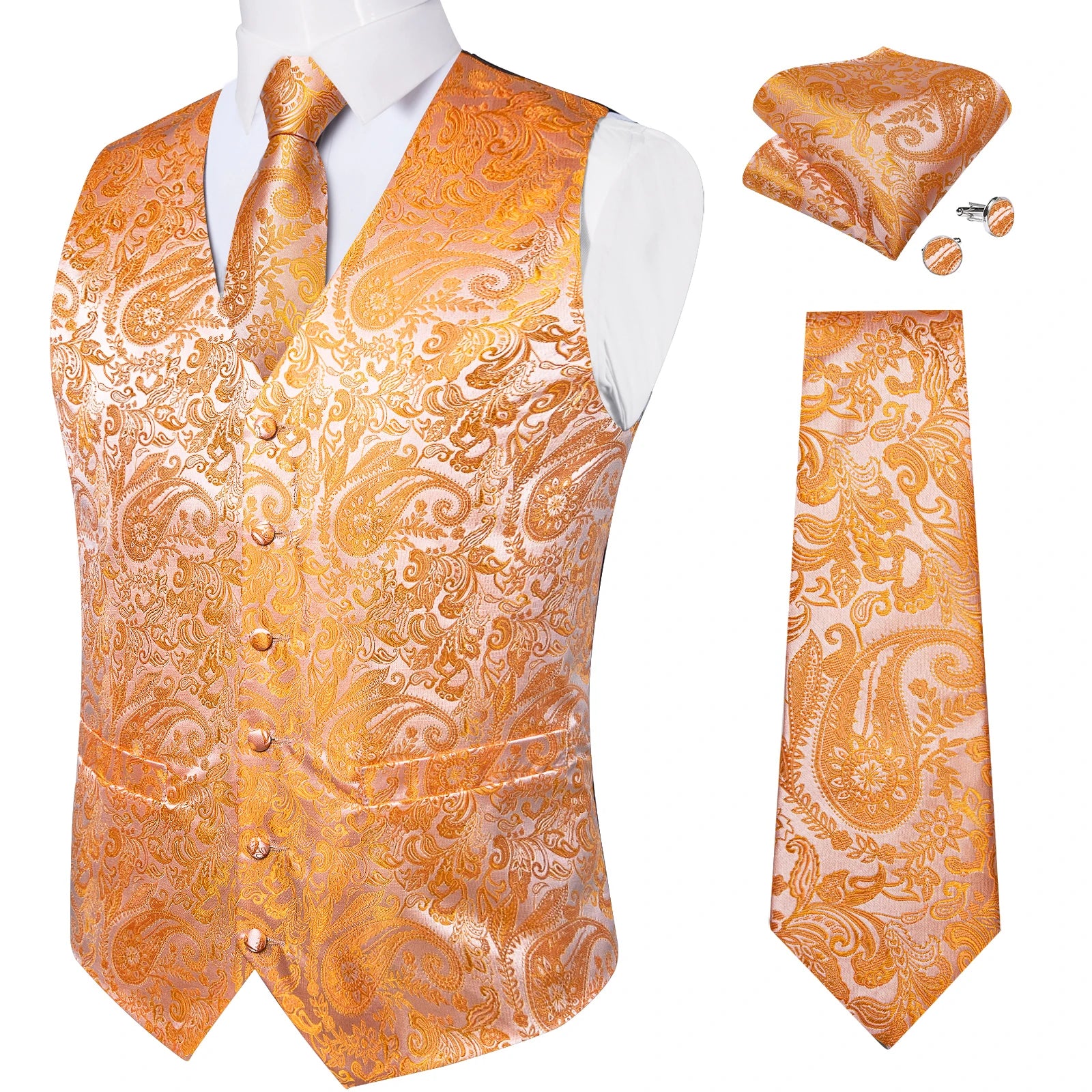 Fashion Light Blue Paisley Silk Vests for Men with Tie Handkerchief Cufflinks Business Wedding Party Waistcoat Tuxedo Vest
