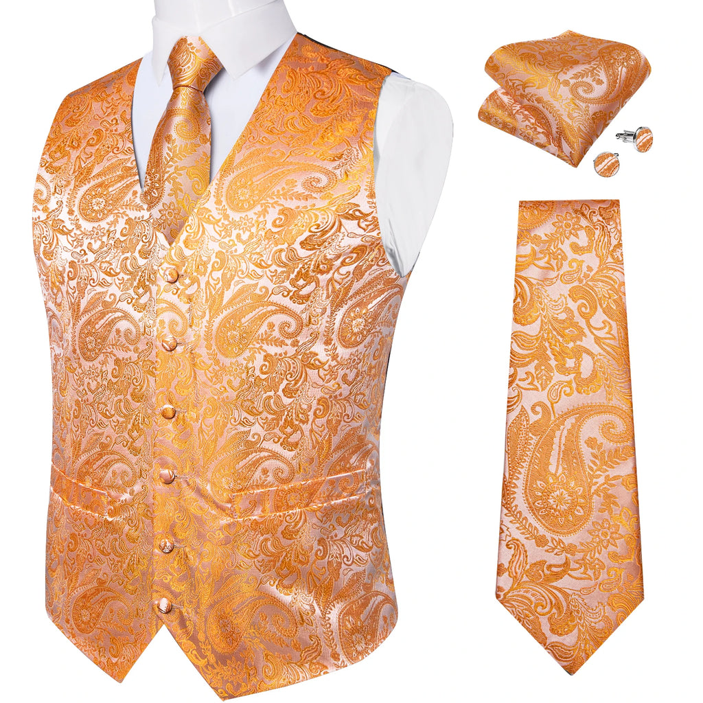 Fashion Light Blue Paisley Silk Vests for Men with Tie Handkerchief Cufflinks Business Wedding Party Waistcoat Tuxedo Vest