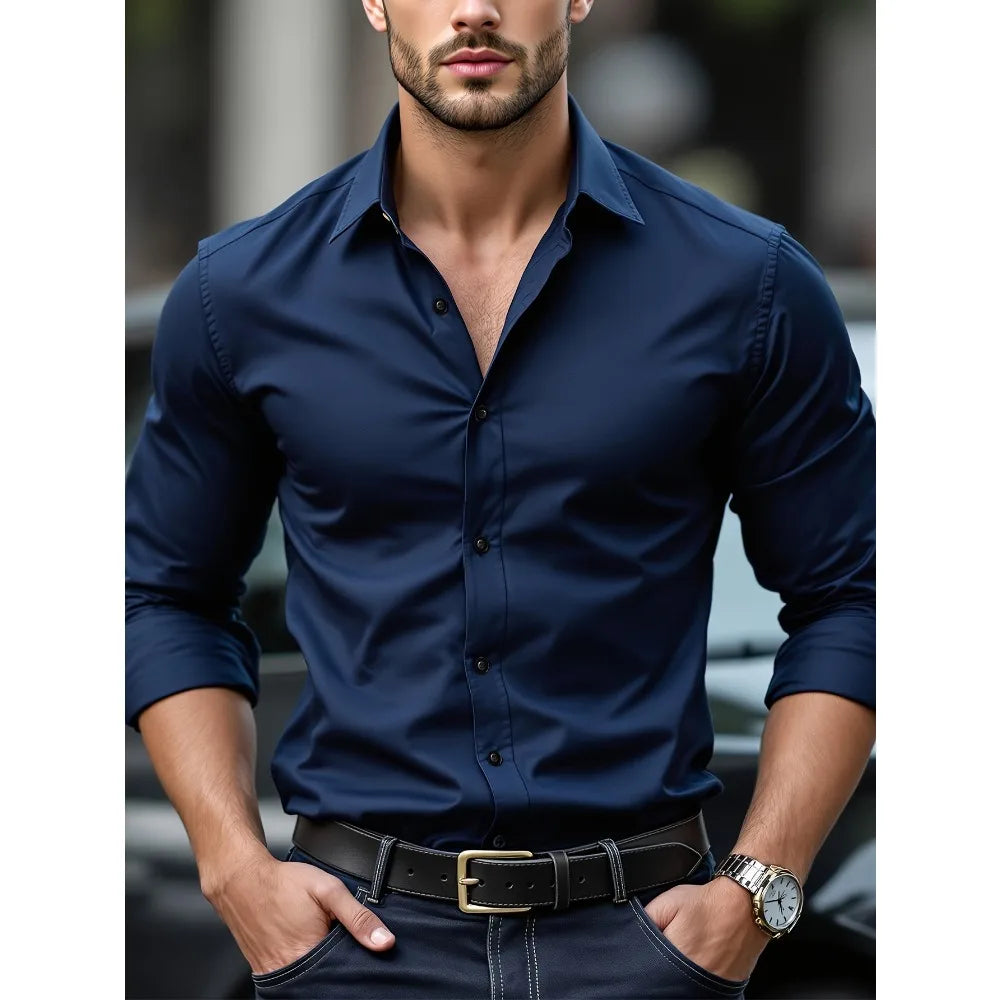FGKKS Men Casual White Shirt Brand Fashion Solid Color Long Sleeve Elastic Fabric Male Business Dress Shirt