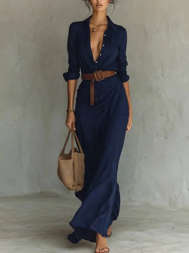 Elegant Shirt Maxi Dress with Belt Women Autumn Turn Down Collar Buttons Long Sleeve Robe Streetwear Office Ladies Dresses Black