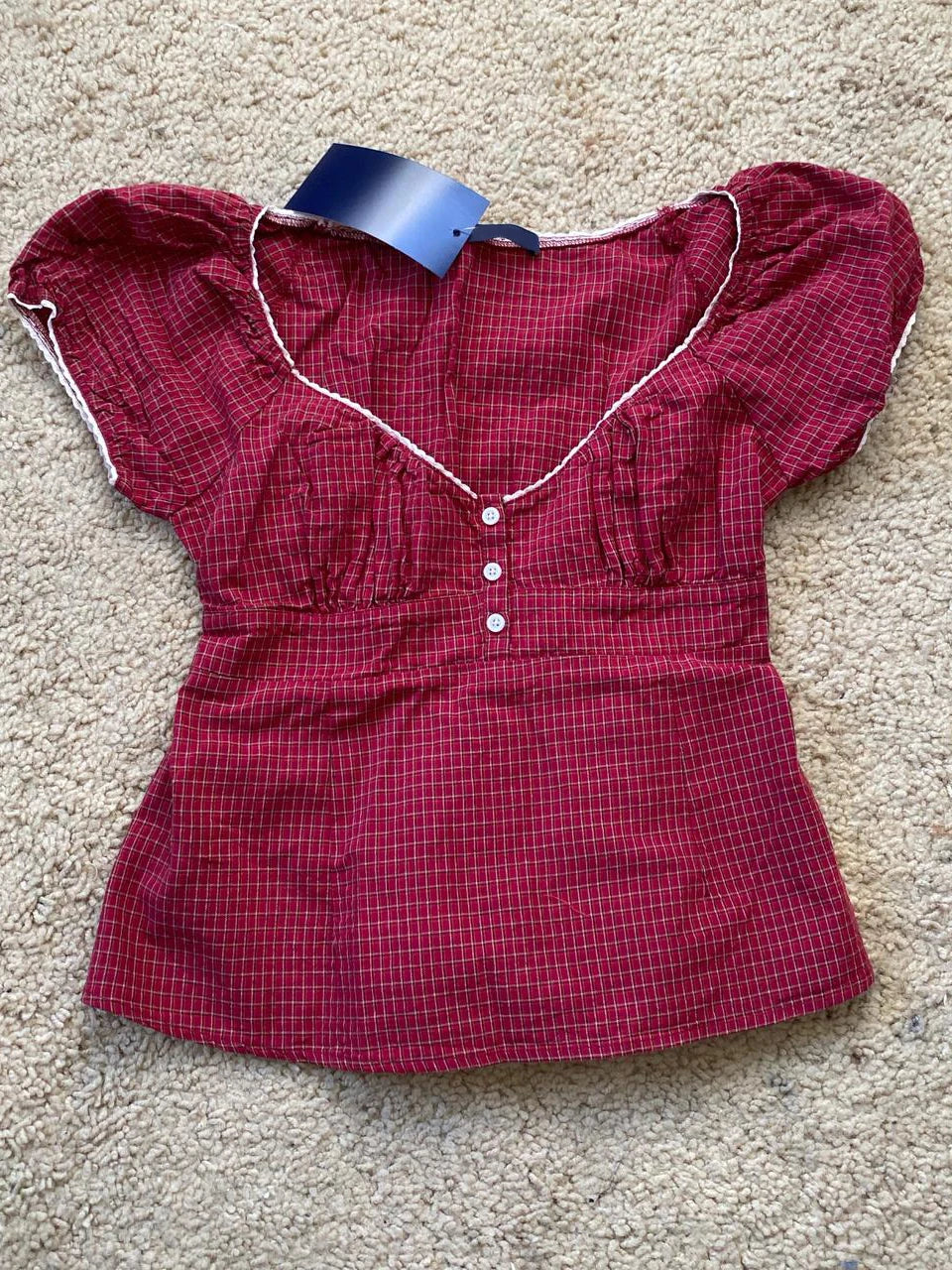 Red Plaid T-Shirt Shorts Set Women Summer Lace-up Puff Sleeve Blouse+Buttons Elastic Waist Short Pants Cotton Sweet 2 Piece Sets