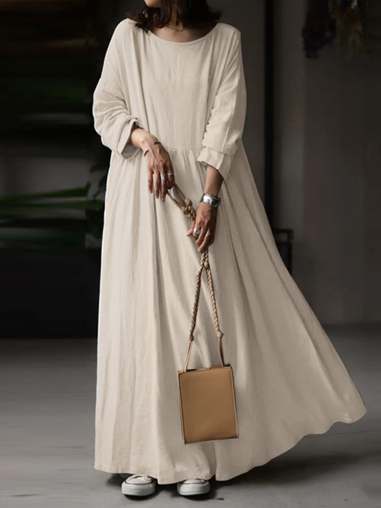 Autumn Women Sundress ZANZEA 2023 Vintage Solid Dresses Female Cotton Robe Casual Long Sleeve Pleated Maxi Vestidos Kaftan