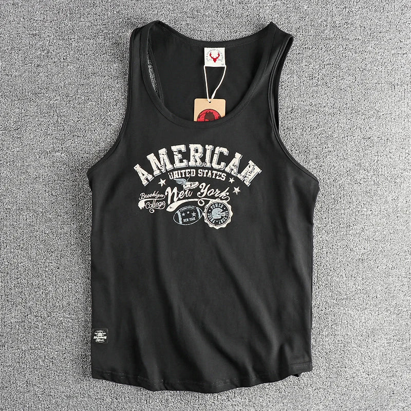 Retro trend letter pattern men's sweat vest all cotton wash fitness sports sleeveless vest T-shirt